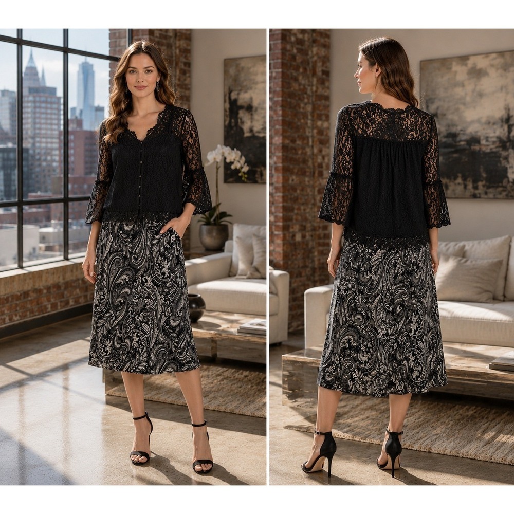 Pendleton Silk Wool Chic Cottagecore Paisley Midi Skirt Navy Blue Grey White XL